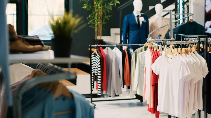 Clothing store interior with racks of shirts, jackets, and sweaters on hangers. Two mannequins display formal wear in the background—a bright, modern space to inspire anyone looking to open a clothing store or check off their boutique checklist.