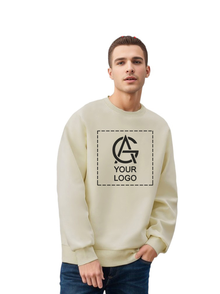 A young man wearing a light beige sweatshirt with a large "Your Logo" placeholder graphic in the center, standing against a white background.
