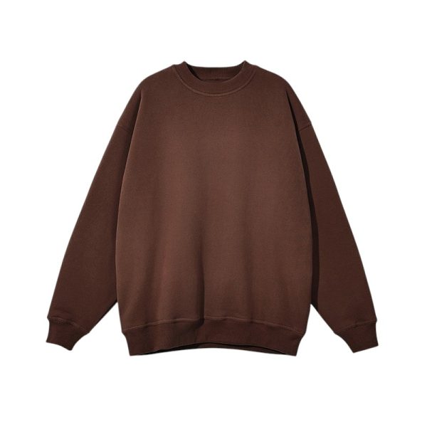 The R11 oversized brown crewneck sweatshirt features long sleeves, ribbed cuffs, and a ribbed hem, displayed against a white background.