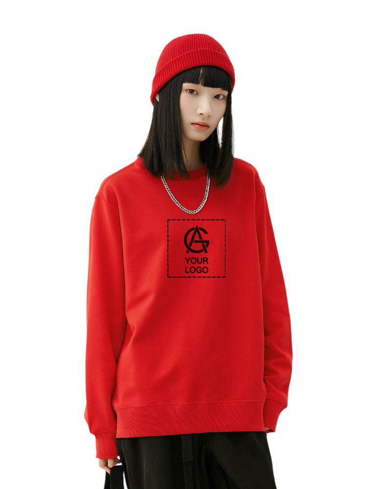 A person with straight black hair wears a red beanie, red sweatshirt with a placeholder logo reading "YOUR LOGO," a silver chain necklace, and black pants, standing against a white background.