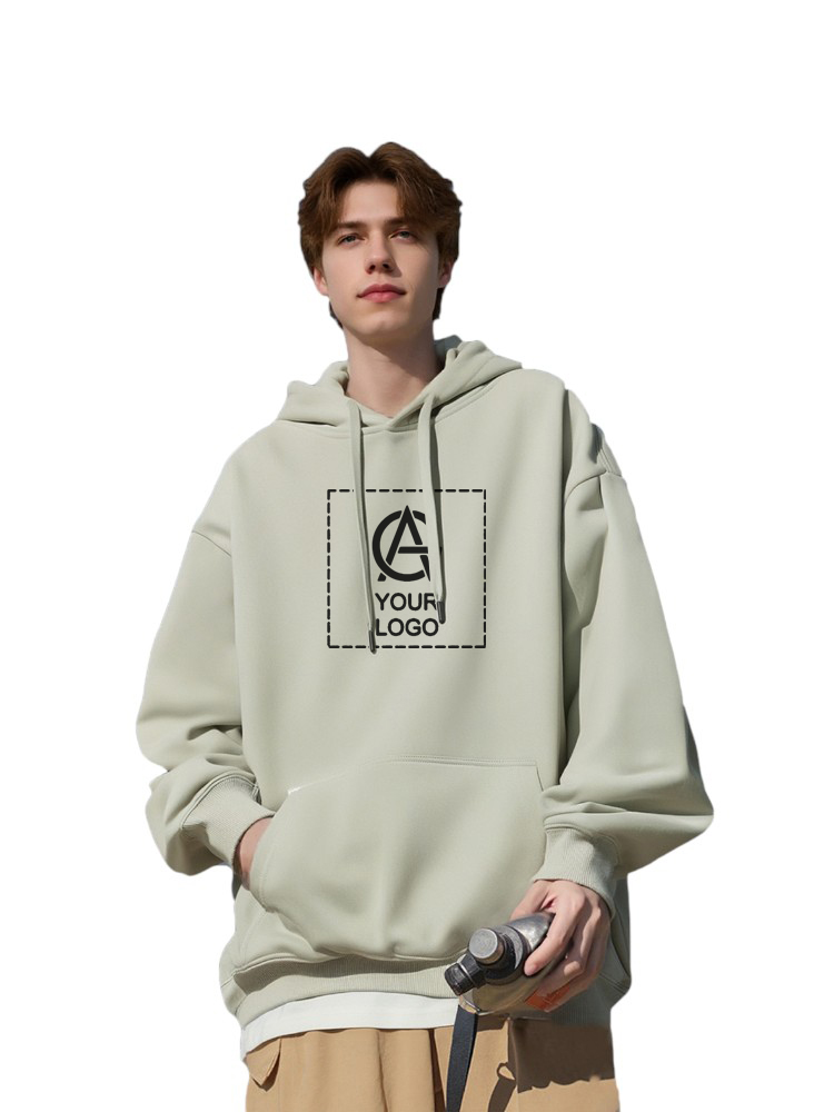 A young person with light brown hair wearing a light beige hoodie with a customizable "Your Logo" graphic on the front, holding a water bottle, and standing against a plain white background.