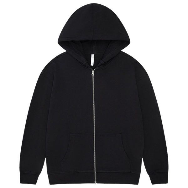 A plain black zip-up hoodie with a front zipper, two pockets, and a hood, laid flat on a white background.