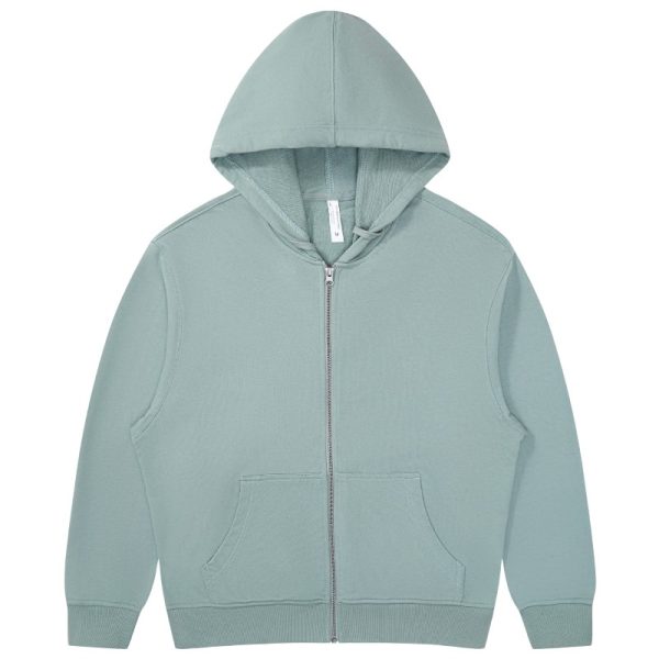 Light blue zip-up hoodie with front pockets, ribbed cuffs and hem, and a drawstring-free hood, laid flat on a white background.