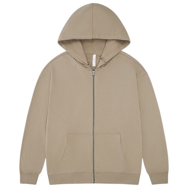 Beige zip-up hoodie with a front zipper, two front pockets, and a hood, laid flat on a white background.