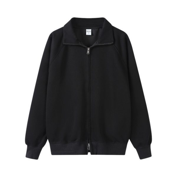 A plain black zip-up jacket with a collar, long sleeves, ribbed cuffs, and a ribbed hem, displayed on a white background.
