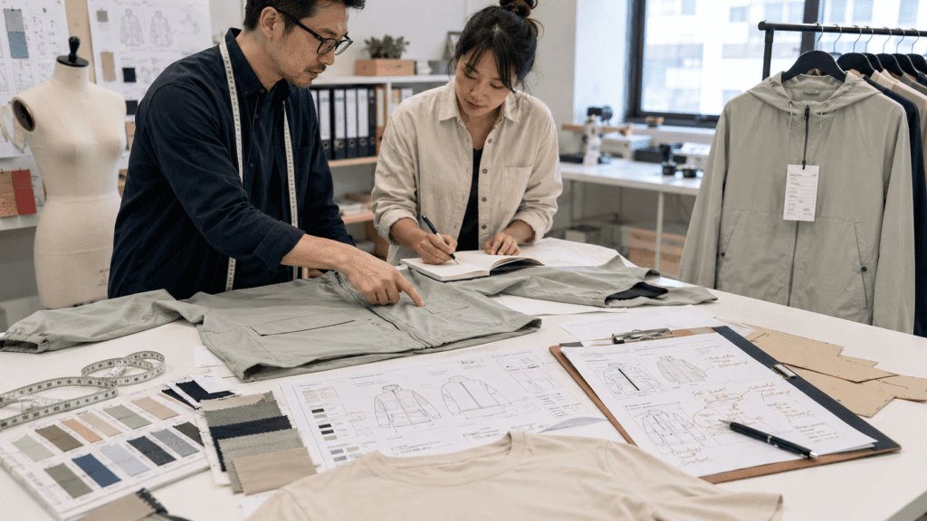 Apparel sampling and revision process with garment samples, fabric swatches, measurement notes, and product development planning