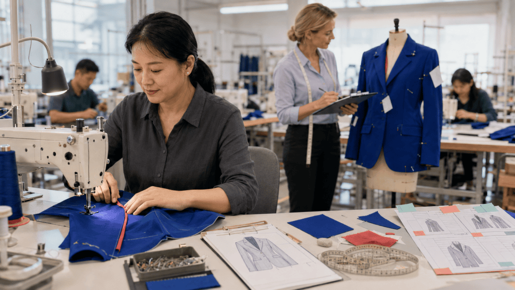 Sample maker sewing a cobalt jacket while a technical designer reviews fit corrections