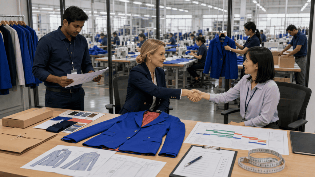 Brand and factory representatives reviewing a jacket sample and production documents before a deposit