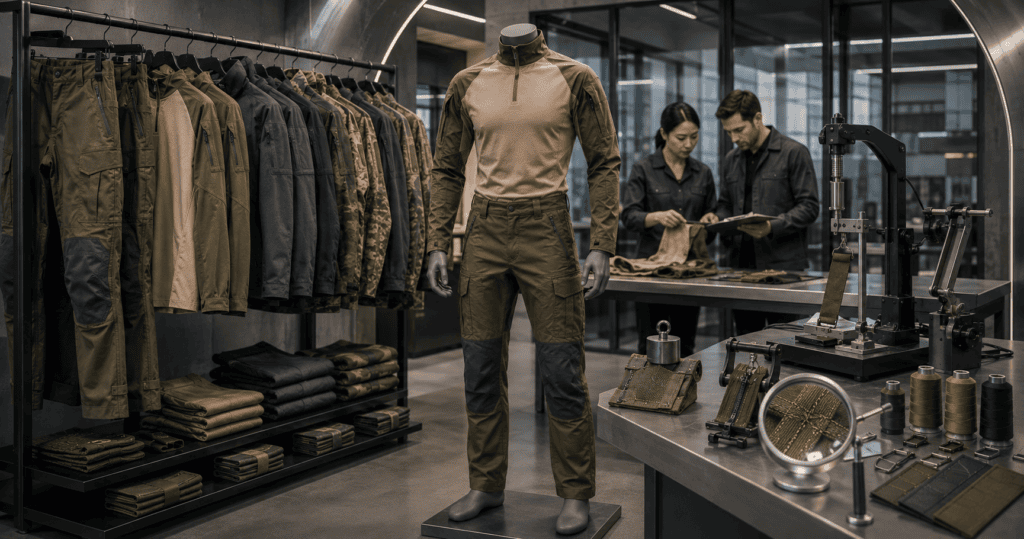 Custom military uniform manufacturing with tactical garments and testing equipment