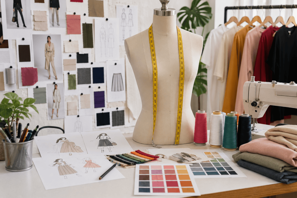 Fashion design workspace with garment sketches, fabric samples, and sewing equipment