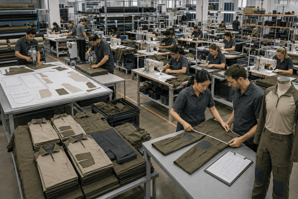 Military uniform production team sewing and inspecting tactical garments
