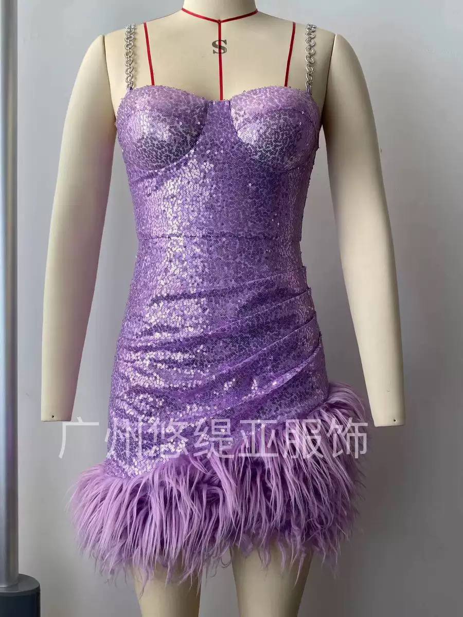 Purple sequin mini dress with feather trim displayed on a mannequin