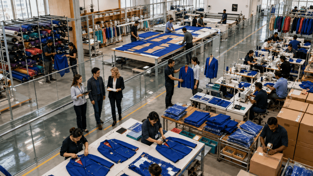 Reliable clothing manufacturer with visible cutting, sewing, quality control, and packing stages