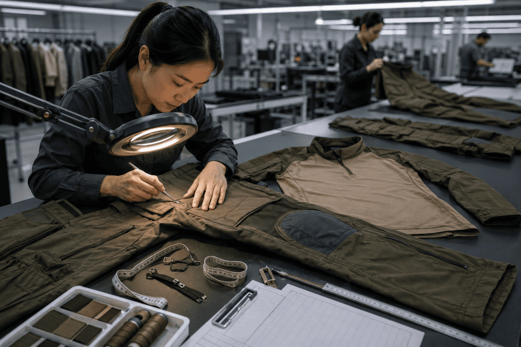 Quality inspector checking seams and pocket construction on tactical pants
