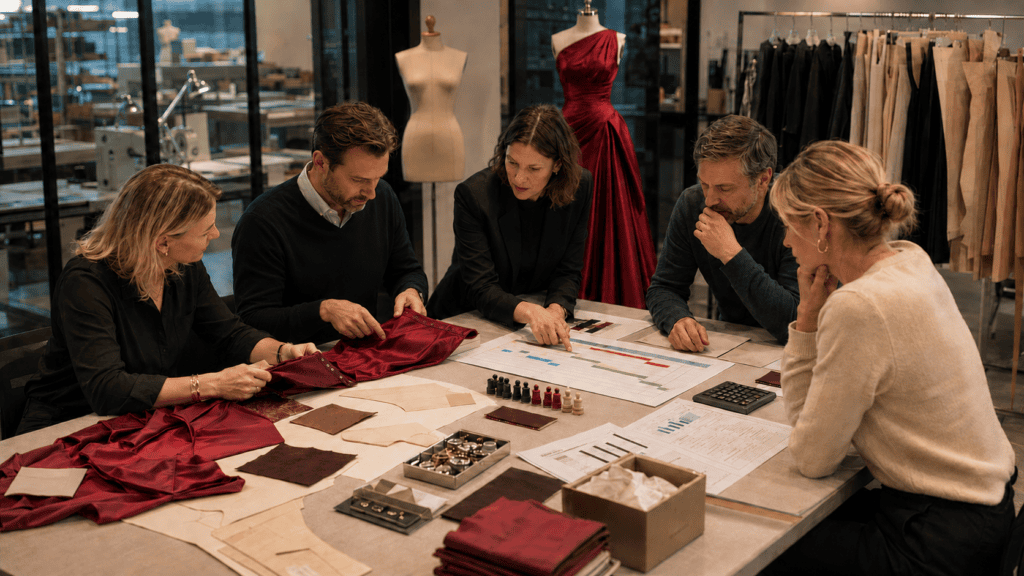 Apparel sourcing team reviewing fabric, costs, timelines, and production requirements
