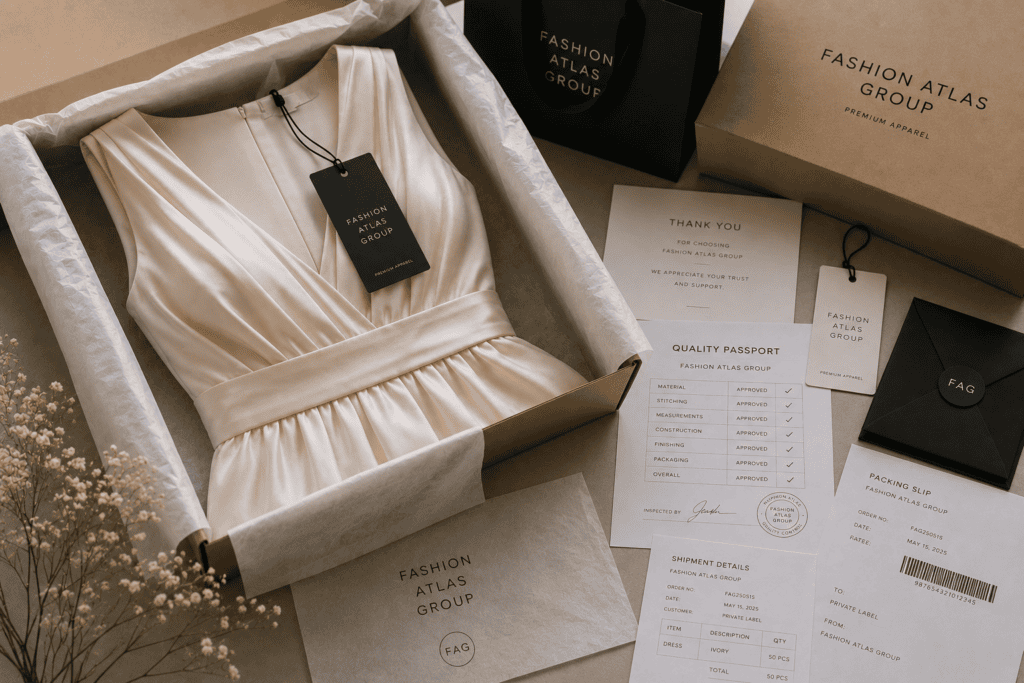 Finished private label garment prepared for branded packaging and delivery