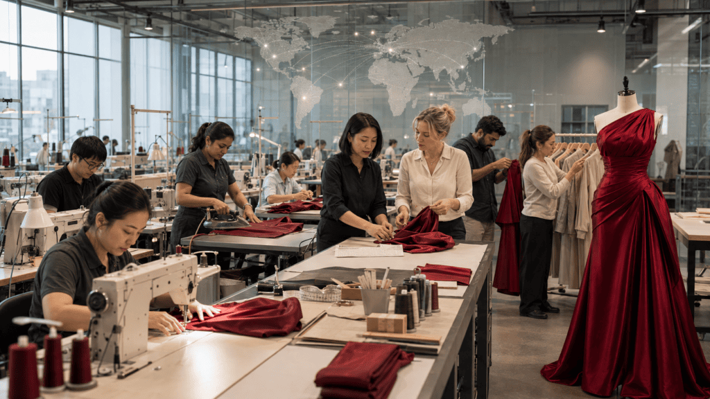 International apparel team producing a red evening gown within a global manufacturing network