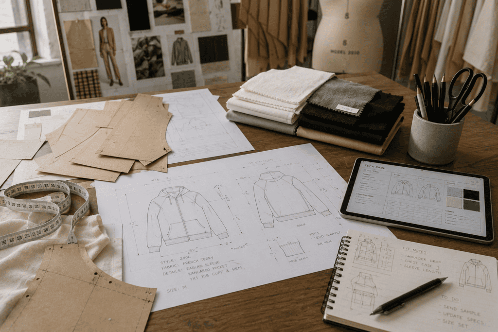 Clothing sketches and technical development for apparel production