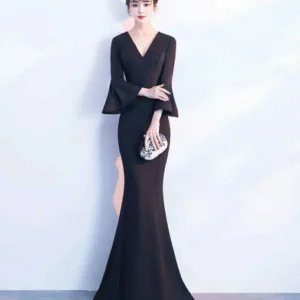 Women's Long V-Neck Mermaid Dress with Flare Sleeves