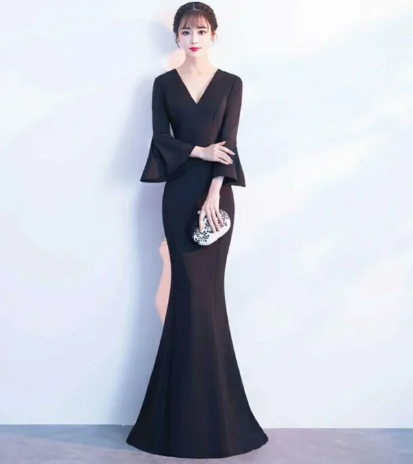 Women's Long V-Neck Mermaid Dress with Flare Sleeves