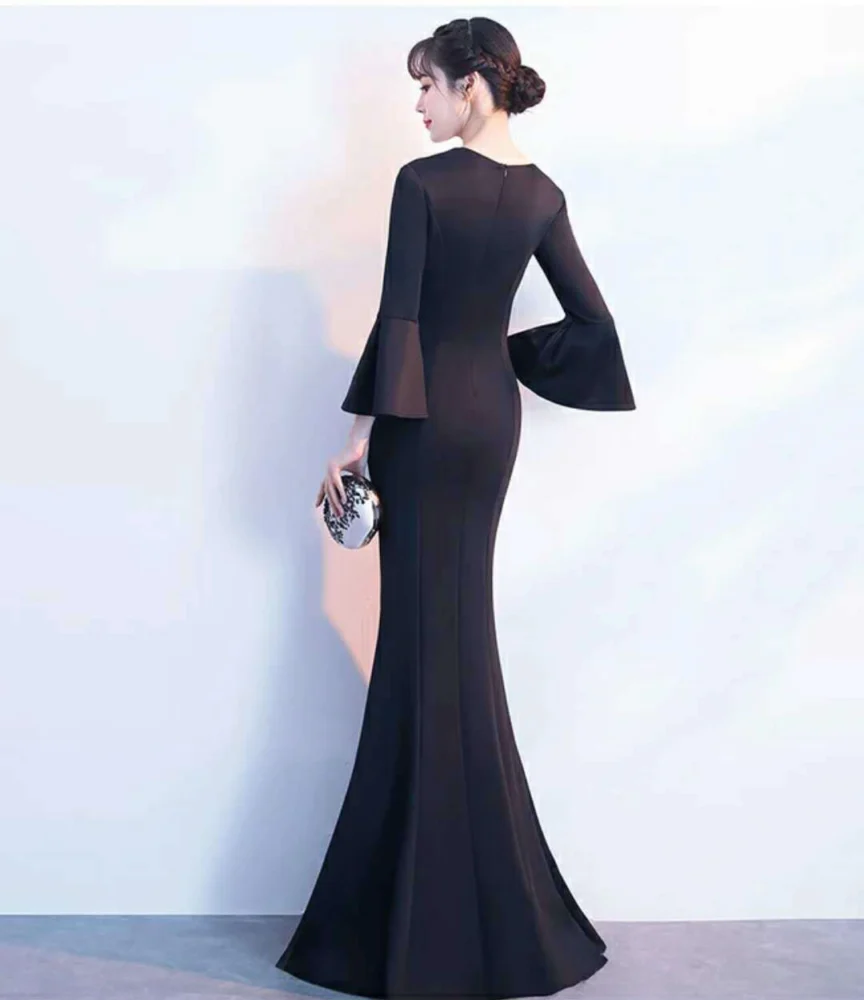 Women's Long V-Neck Mermaid Dress with Flare Sleeves - Image 2