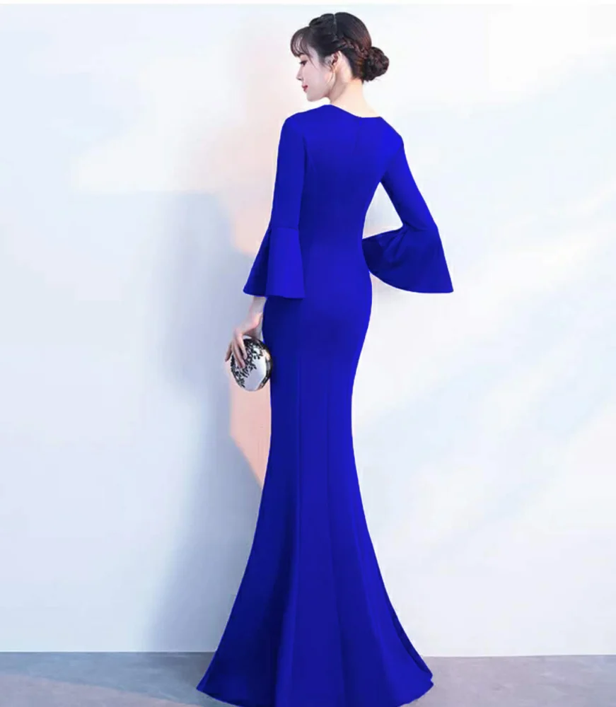 Women's Long V-Neck Mermaid Dress with Flare Sleeves - Image 4