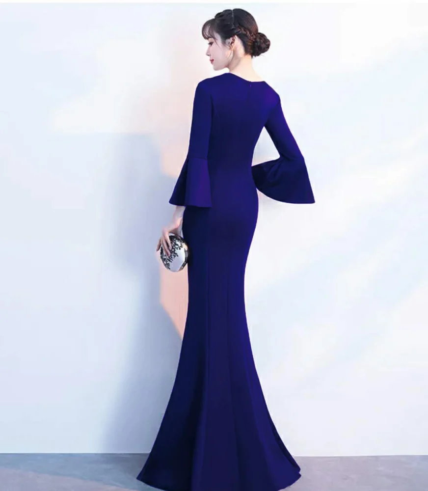 Women's Long V-Neck Mermaid Dress with Flare Sleeves - Image 6