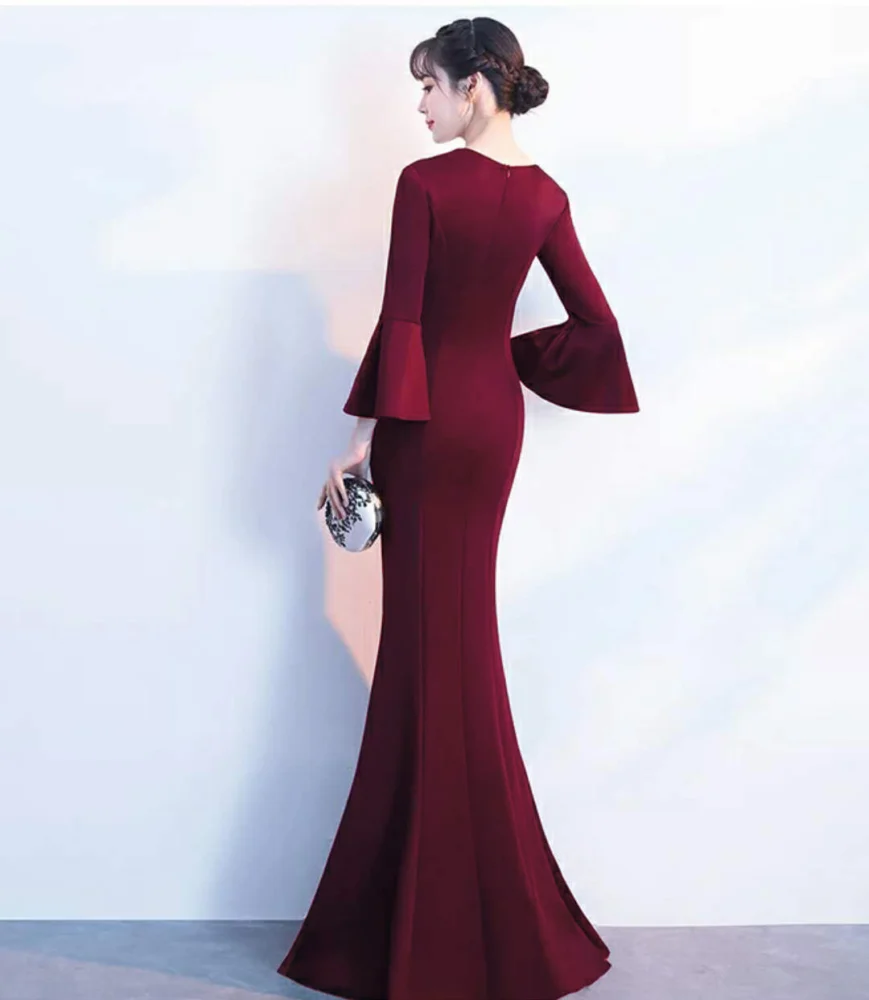 Women's Long V-Neck Mermaid Dress with Flare Sleeves - Image 8