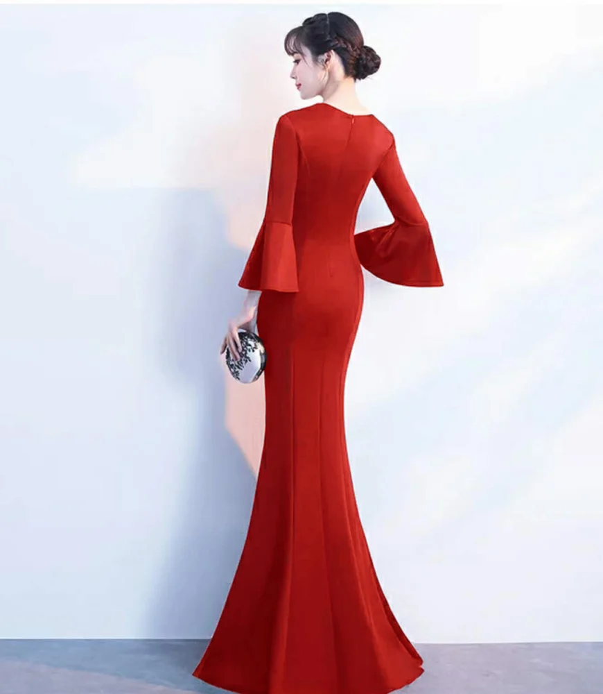 Women's Long V-Neck Mermaid Dress with Flare Sleeves - Image 10