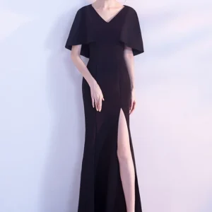 Women's Long V-Neck Mermaid Dress with Cape Sleeves and Side Slit