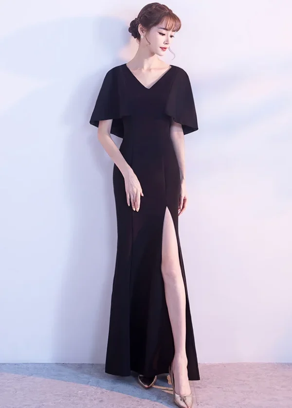 Women's Long V-Neck Mermaid Dress with Cape Sleeves and Side Slit