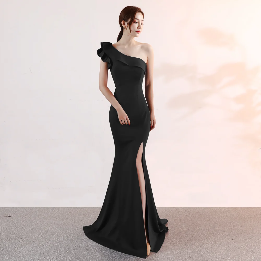 Women's Long One-Shoulder Ruffle Mermaid Dress with Side Slit