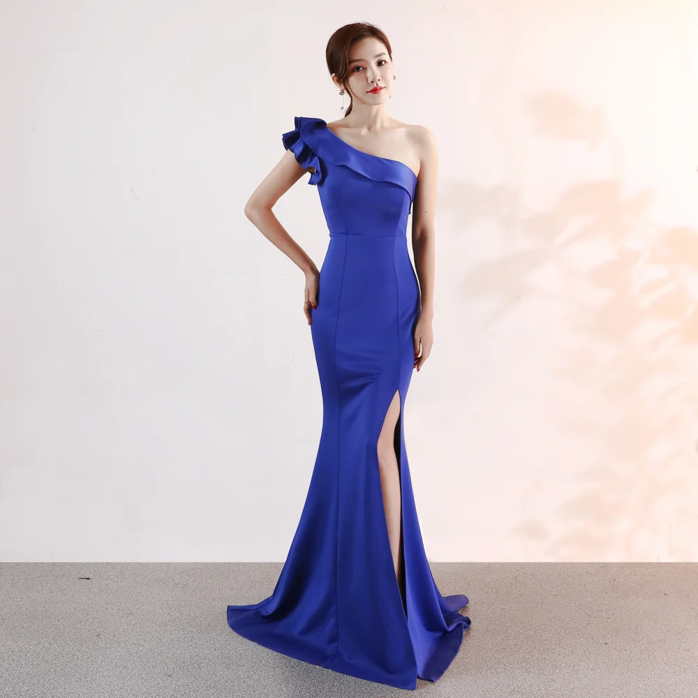 Women's Long One-Shoulder Ruffle Mermaid Dress with Side Slit - Image 3