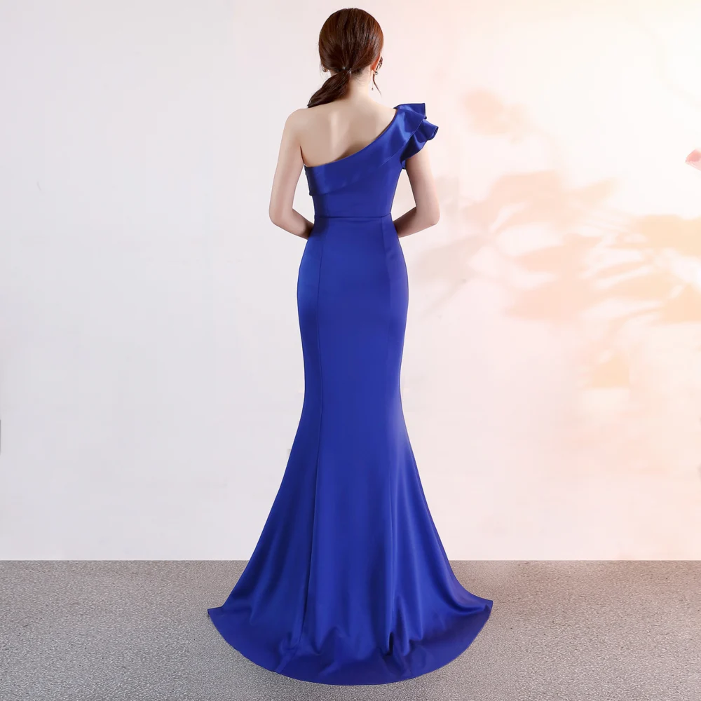 Women's Long One-Shoulder Ruffle Mermaid Dress with Side Slit - Image 4