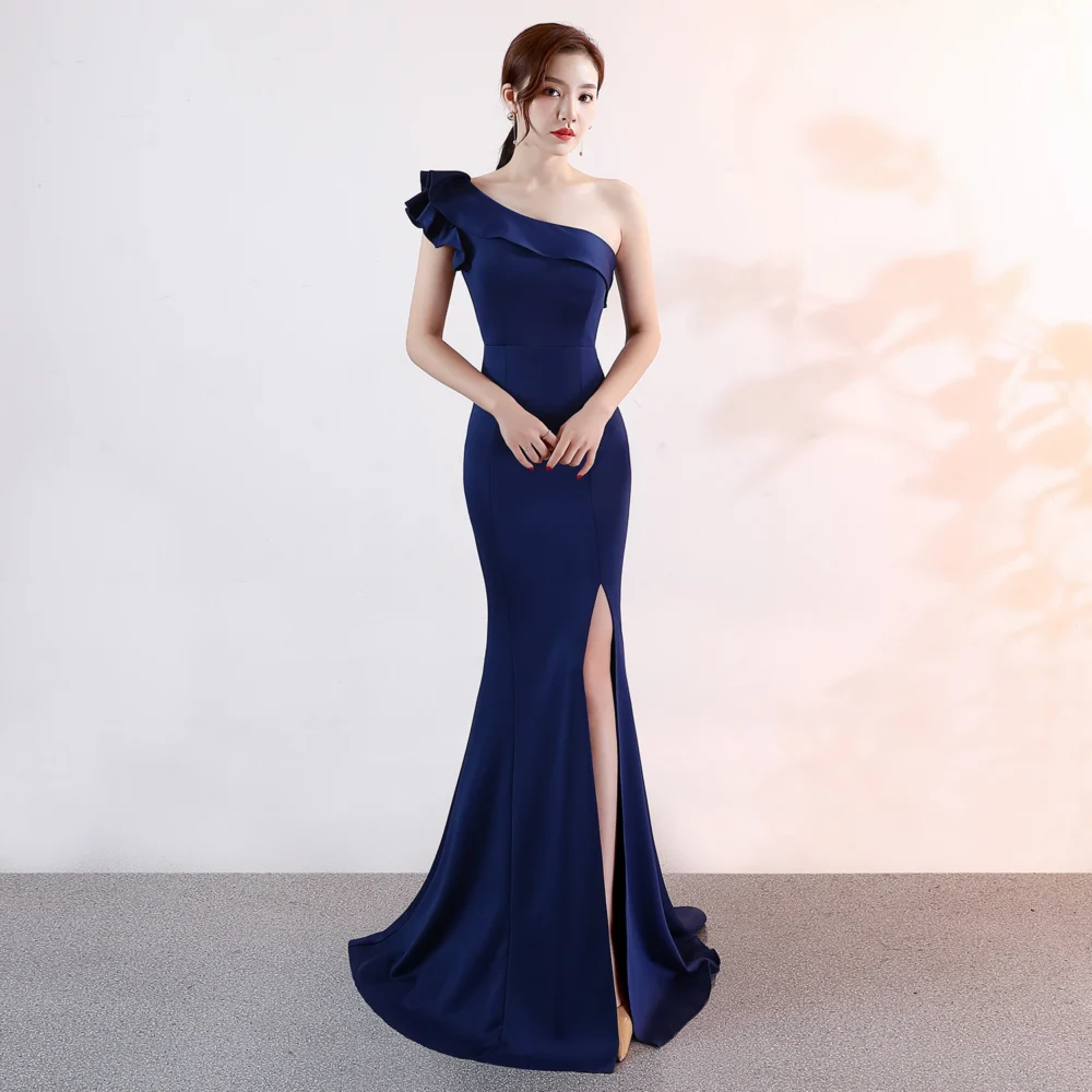 Women's Long One-Shoulder Ruffle Mermaid Dress with Side Slit - Image 5
