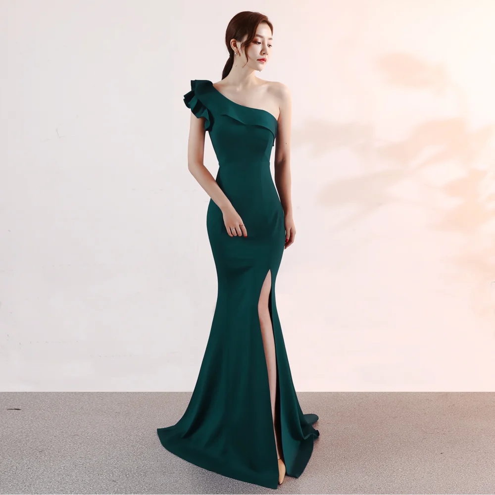 Women's Long One-Shoulder Ruffle Mermaid Dress with Side Slit - Image 7