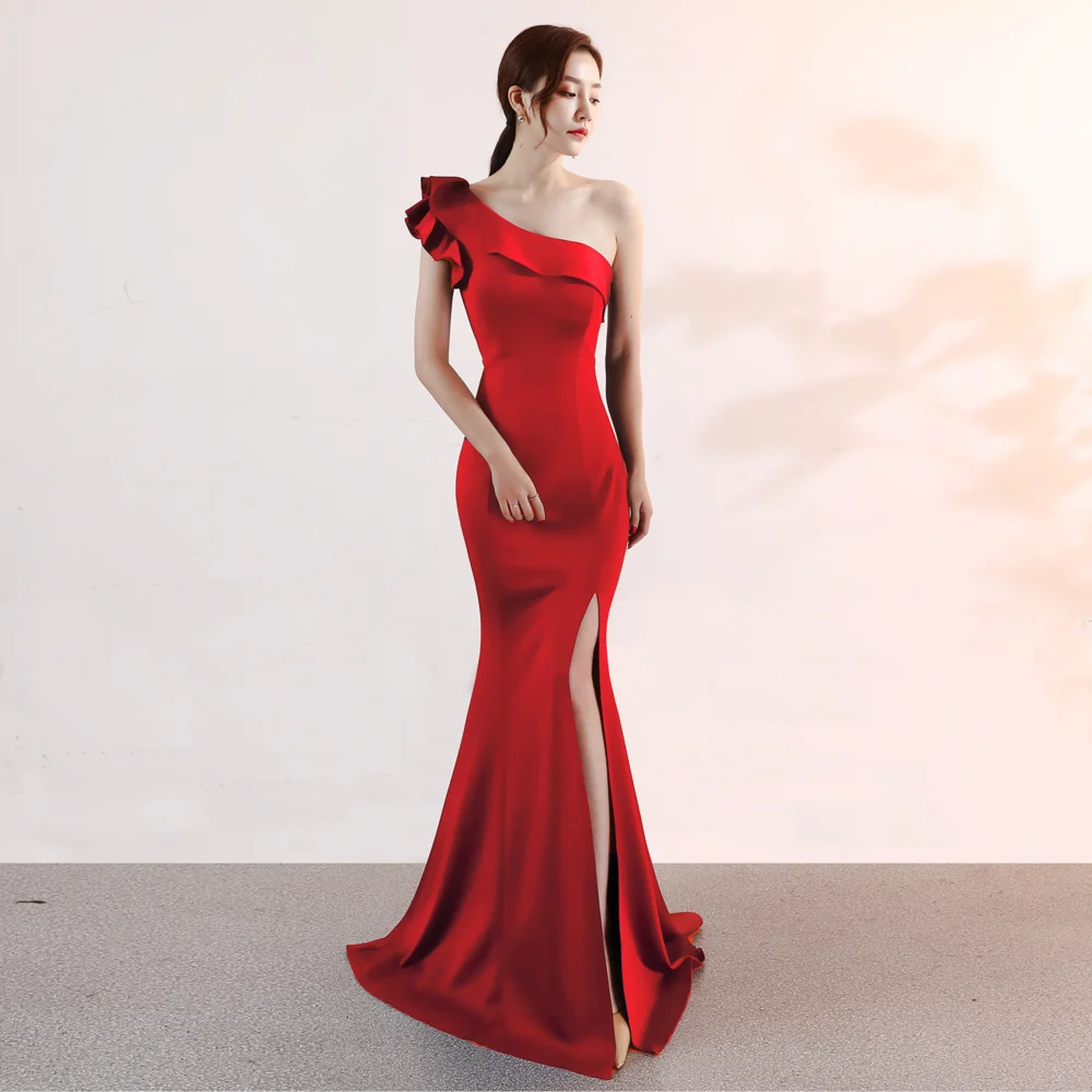 Women's Long One-Shoulder Ruffle Mermaid Dress with Side Slit - Image 9