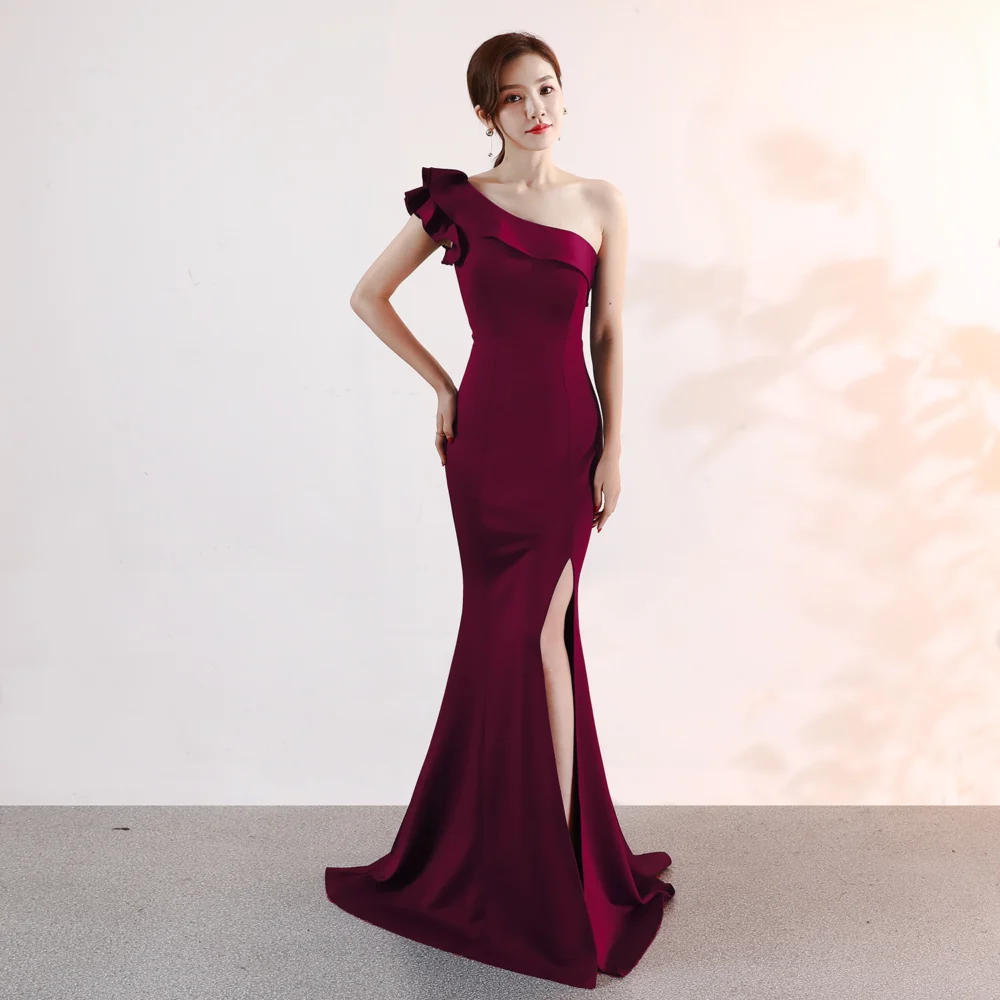 Women's Long One-Shoulder Ruffle Mermaid Dress with Side Slit - Image 11