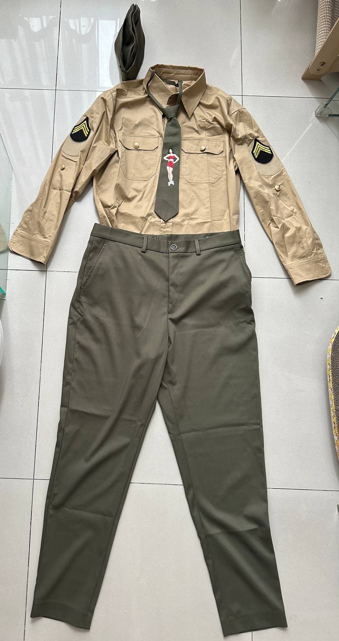 Men’s custom restaurant uniform set with khaki shirt, olive green trousers, printed tie, rank patches, and garrison cap