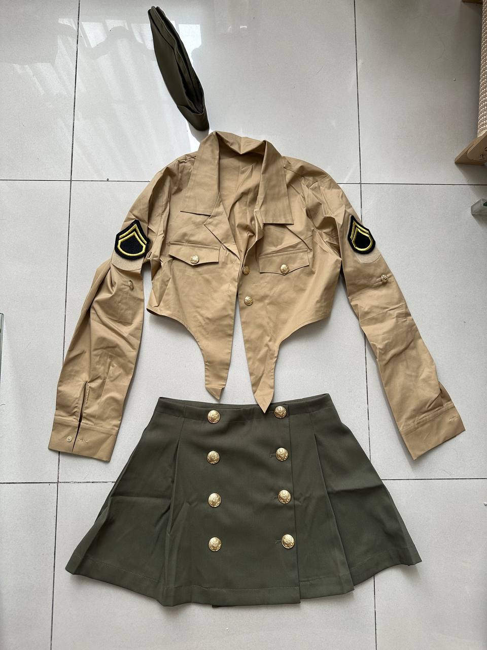 Women’s custom restaurant uniform set with cropped shirt, pleated skirt, rank patches, and garrison cap