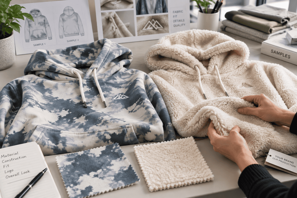 Sample quality control comparing two hoodie fabric options
