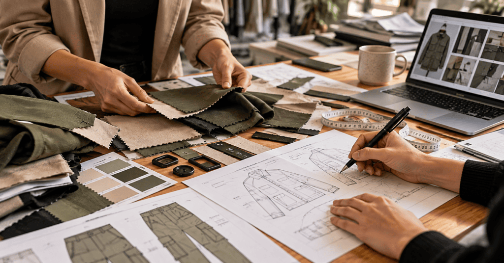 Apparel sourcing team reviewing fabric swatches and garment specifications during sample development