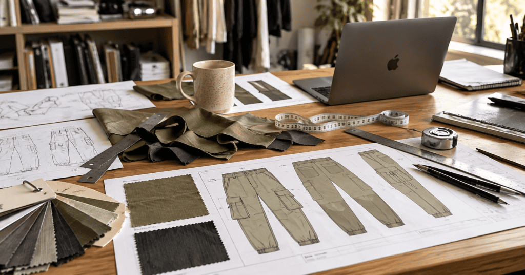 Clothing sourcing workspace with tech packs, fabric swatches, and garment development tools