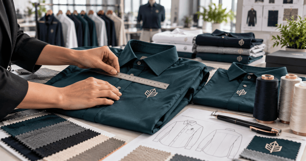 Checking logo placement and embroidery on a custom corporate apparel sample