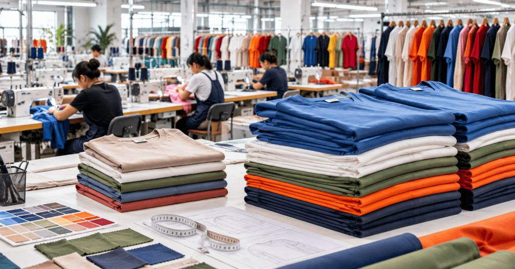 Small and large clothing production batches in a garment factory illustrating clothing manufacturing MOQ