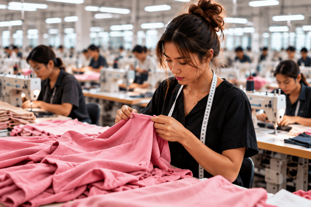 Garment worker inspecting stitching on pink clothing during quality control at a clothing factory