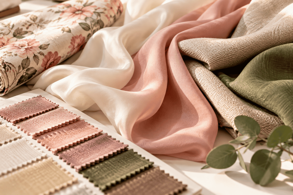 Fashion designer comparing pink and neutral fabric swatches for clothing production