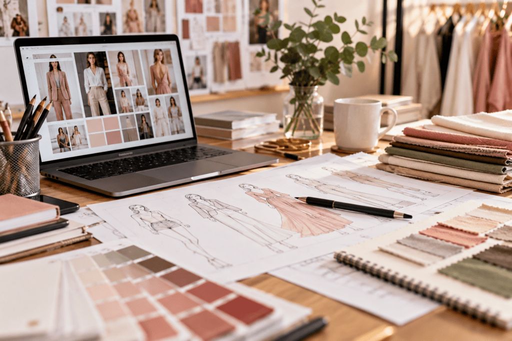 Fashion design workspace with a laptop mood board, clothing sketches, and fabric swatches