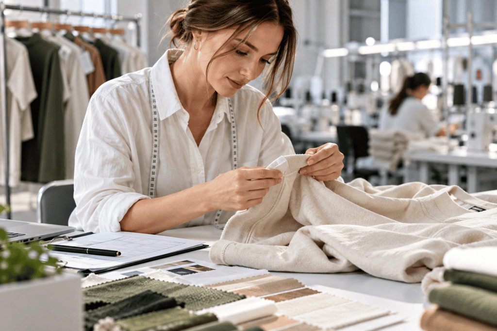 Garment quality control specialist inspecting seams and fabric