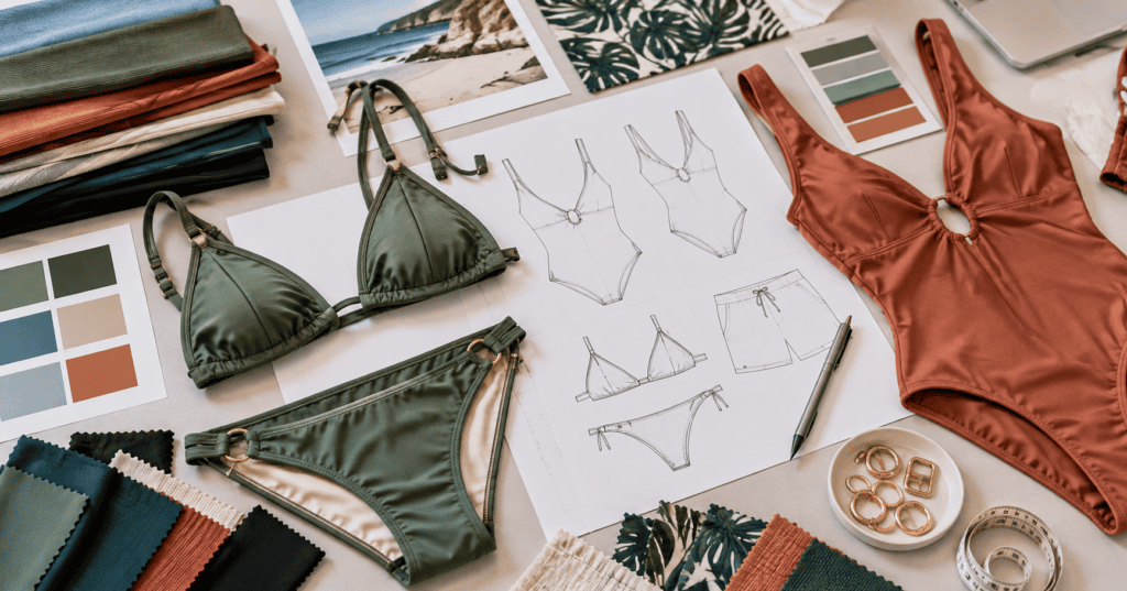 Swimwear collection development with fabric swatches, swimsuit designs, technical sketches, and hardware samples